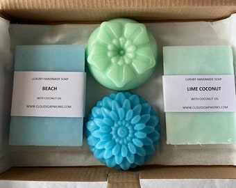 Flower Soap Gift Set Goats Milk Soaps Handmade Wrapped Mothers Day for her birthday Lime Coconut Beach Cloud Soapworks