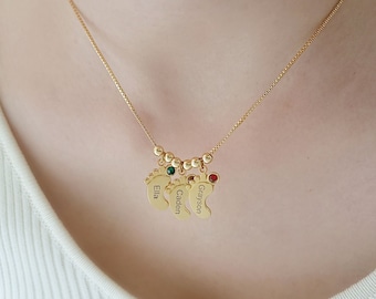 Gepersonaliseerde ketting met meerdere namen, geboortesteen naamketting, babyvoetafdrukketting, familienaam, cadeau voor haar, verjaardagscadeau voor mama