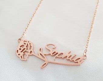 Personalized Name Necklace, Birth Flower Necklace, Custom Name Necklace with Birth Flower, Birthday Gift, Handmade Jewelry, Gift for Her