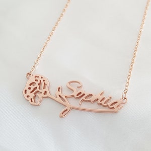 Personalized Name Necklace, Birth Flower Necklace, Custom Name Necklace with Birth Flower, Birthday Gift, Handmade Jewelry, Gift for Her