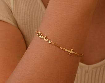 Custom Name Bracelet with Cross, Personalized Cross Name Bracelet, Christian Jewelry, Christmas Gift for Her, Mothers Day Gift