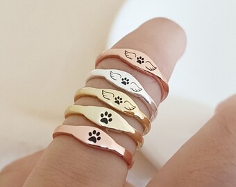 Custom Paw Print Ring,Paw Print & Wings Ring,Personalized Name Ring,Delicate Simple Paw Print Ring,Pet Lover,Pet Memory Gift