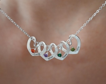 Personalized Heart Name Necklace with Birthstone, Engraved Heart Pendant, Family Name Necklace, Birthstone Jewelry, Birthday Gift for Mom