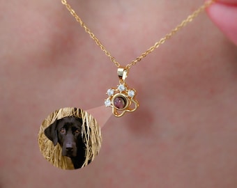Personalized Paw Print Photo Necklace, Pet Photo Projection Necklace, Pet Memorial Gift, Birthday Gift for Her, Christmas Gift