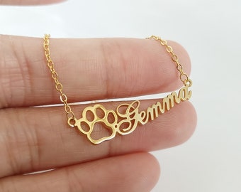 Collana personalizzata con nome Pawprint, collana con nome per animali domestici, regalo per gli amanti degli animali domestici, collana con zampa di cane, regalo per lei