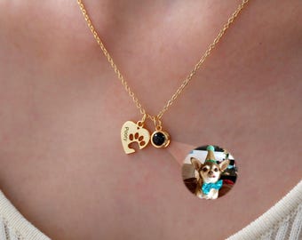Custom Photo Projection Necklace, Paw Print Name Necklace with Heart, Pet Photo Necklace with Name,Christmas Gift for Her,Pet Memorial Gift