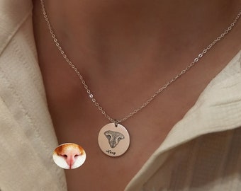 Pode incluir: Colar de corrente de prata com um pingente redondo que apresenta uma impressão de pata de animal de estimação e o nome "Lucy" gravado nele.
