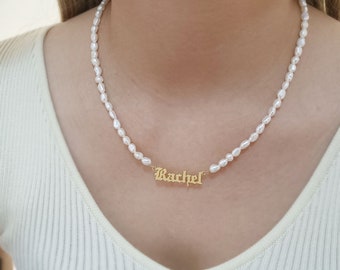 Personalized Name Necklace, Old English Name Necklace, Freshwater Pearl Necklace, Name Jewelry for Mom, Christmas Gift, Gift for Her