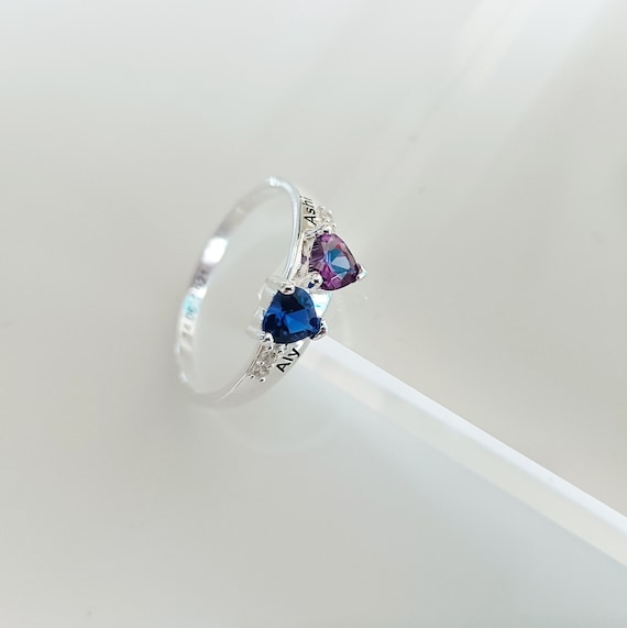 Two Names Ring mothers Ring personalized Double Heart Birthstone