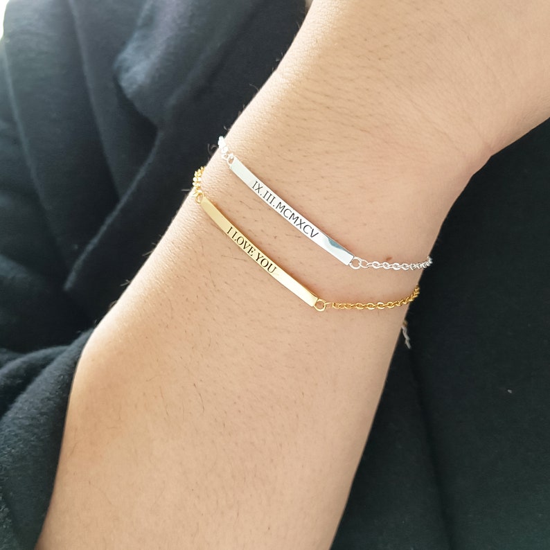 Bracciale a barra personalizzatoBraccialetto con nome personalizzatoBraccialetto impilabileBracciale con coordinateRegalo per leiRegalo per damigelle d'onore immagine 3