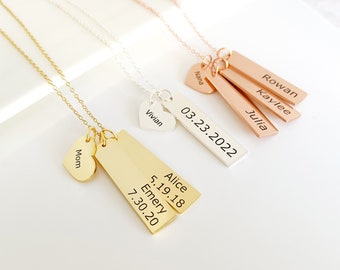 Personalized Bar Necklace•Custom Heart Names Necklace•Tiny Nameplate•Vertical Bar Necklace•Gift For Her•Kids Names Necklace for Mom