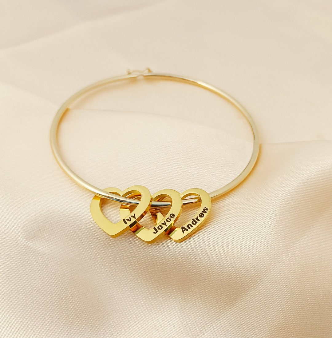 Personalized Bangle Bracelet • Engraved Hearts Charms Pendants ...