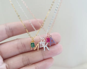 Letter Necklace with Birthstone, Personalized Birthstone Initial Necklace, Birthstone Jewelry, Mothers Necklace, Christmas gift for Her