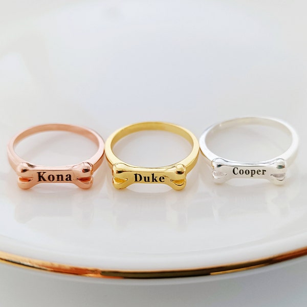 Customized Dog Bone Ring • Personalized Pet Name Ring • Sterling Silver Pet Memorial Ring • Pet Memorial Jewelry