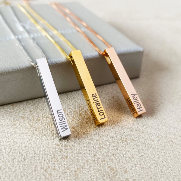 Personalized  Engraved  Bar  Necklace-Custom Name 3D Vertical Bar Necklace-Gift For Her