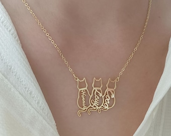 Gepersonaliseerde kattennaamketting, koosnaampjeketting, aangepaste benoemde kattenketting, kat silhouet sieraden, kat herdenkingscadeau, cadeau voor kattenliefhebbers