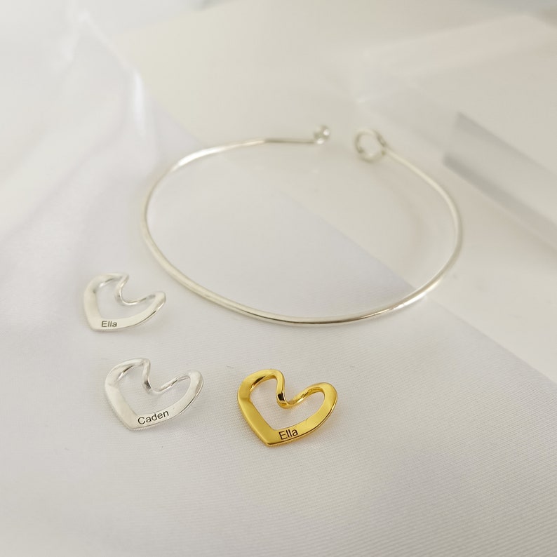 Custom Bangle Bracelet With Heart ShapeMother BraceletCustom Engraved HeartPersonalized Name BraceletMother's Day GiftGift For Her image 5