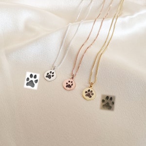 May include: Four silver, rose gold, and gold necklaces with paw print pendants. The pendants are engraved with a paw print.