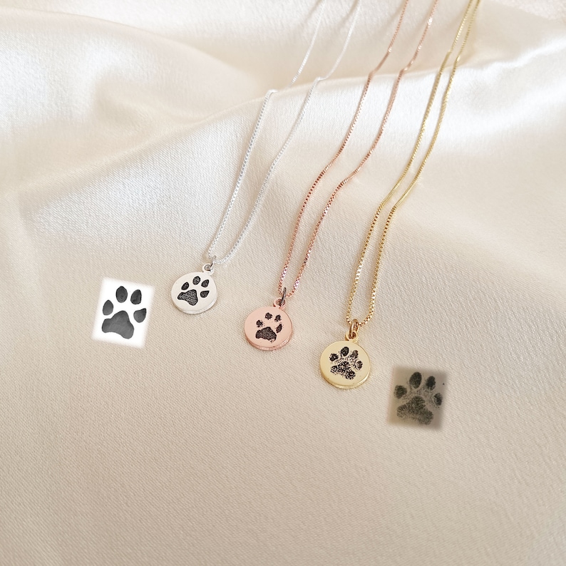 May include: Four silver, rose gold, and gold necklaces with paw print pendants. The pendants are engraved with a paw print.