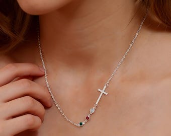Custom Birthstone Necklace with Cross, Birthstone Cross Necklace, Dainty Family Birthstone Necklace, Birthday Gift, Christmas Gift for Her