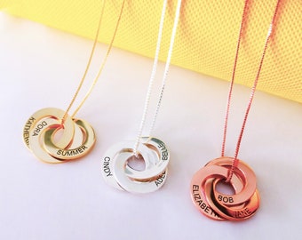 Custom Name Necklace•Russian Ring Pendant Necklace•Engraved Name Necklace Rose Gold Silver•Gift for Mom•Family Necklace
