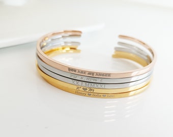 Custom Engraved Bracelet,Personalized Name Bangles,Special Date Bracelet, Engraved Coordinates,Cuff Friendship Bracelet, Gift for Mom
