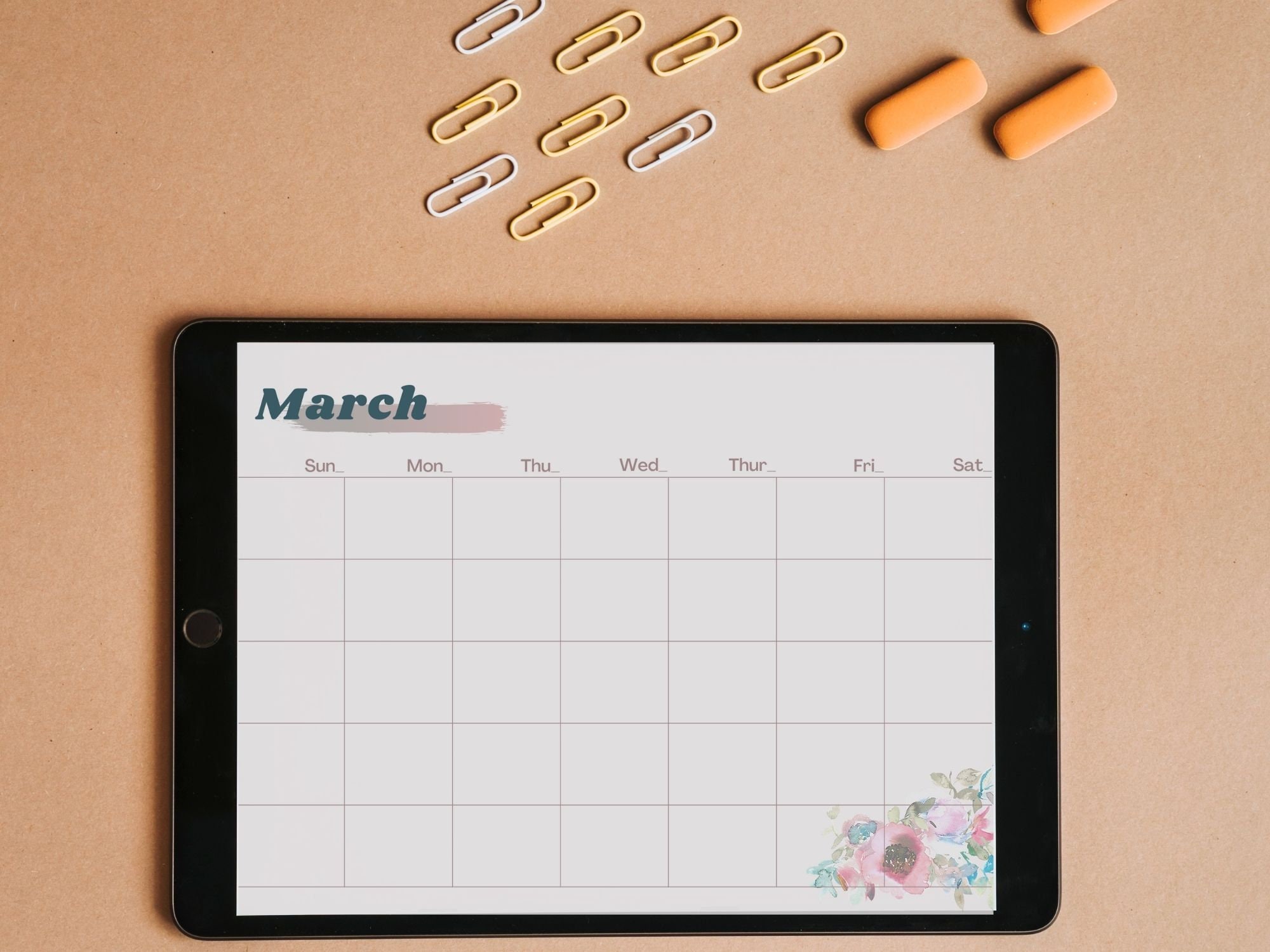 Undated Monthly Planner, iPad Planner, Printable Template, Sunday Start
