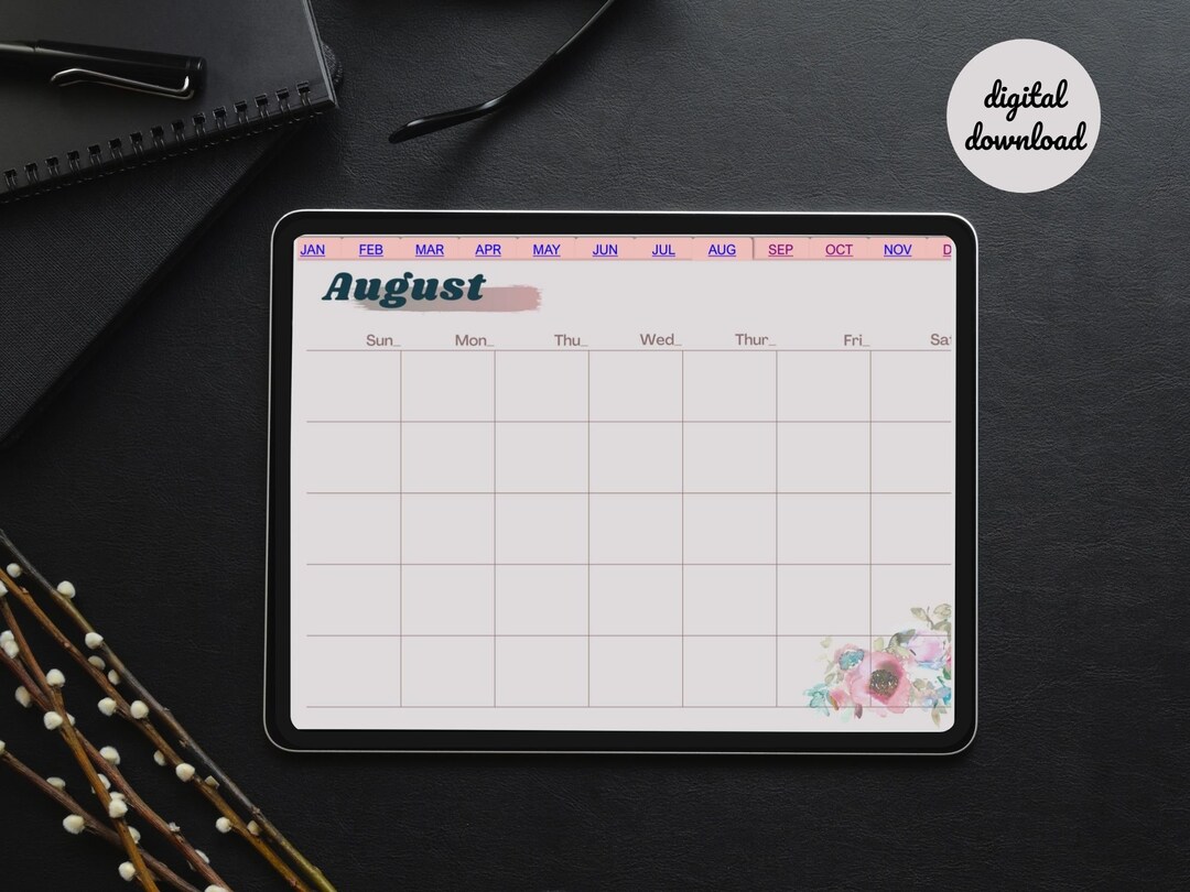 Undated Monthly Planner, iPad Planner, Printable Template, Sunday Start, Digital File, Desk Wall
