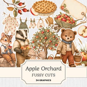 Puede incluir: Una colección de 24 gráficos recortables con temática de huerto de manzanas, que incluye un oso, un tejón, una ardilla, un manzano, una carretilla con manzanas, un pastel, ropa de bebé en un tendedero y una etiqueta con Apple Orchard FUSSY CUTS.