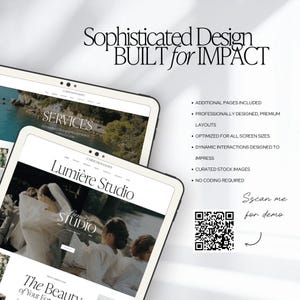 May include: Two tablets displaying website designs. The top tablet shows "SERVICES" and the bottom tablet displays "Lumi&egrave;re Studio". Text reads "Sophisticated Design BUILT for IMPACT". Additional text includes "ADDITIONAL PAGES INCLUDED" and "NO CODING REQUIRED". A QR code is also present.