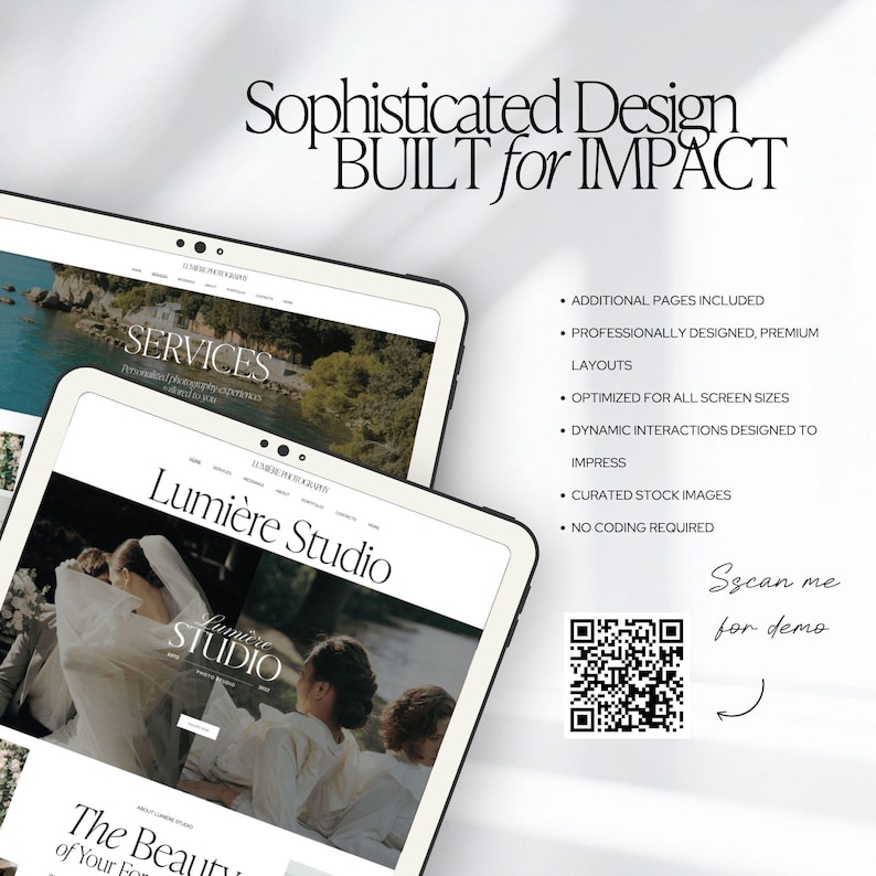 May include: Two tablets displaying website designs. The top tablet shows "SERVICES" and the bottom tablet displays "Lumi&egrave;re Studio". Text reads "Sophisticated Design BUILT for IMPACT". Additional text includes "ADDITIONAL PAGES INCLUDED" and "NO CODING REQUIRED". A QR code is also present.