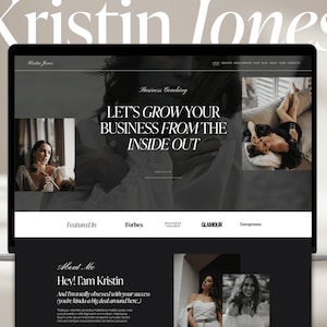 May include: A laptop computer screen displaying a website for a business coach. The website features a black and white color scheme with a photo of a woman in a black dress. The text on the screen reads "Let's grow your business from the inside out." and "Hey! I am Kristin".