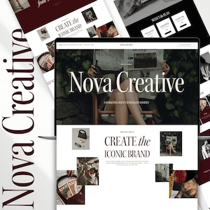 Könnte beinhalten: Webdesign für Nova Creative, eine Marketingagentur mit Sitz in Los Angeles. Das Design zeichnet sich durch ein klares Layout mit einem dunkelburgunderfarbenen und weißen Farbschema aus. Der Text "Nova Creative" ist prominent dargestellt, zusammen mit dem Satz "Create the Iconic Brand".