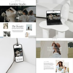 May include: A website design showcasing a photography studio, "Lumi&egrave;re Studio." The design includes a laptop and smartphone displaying the website. The text "The Beauty of Your Forever Story" is visible. The website features wedding photography.
