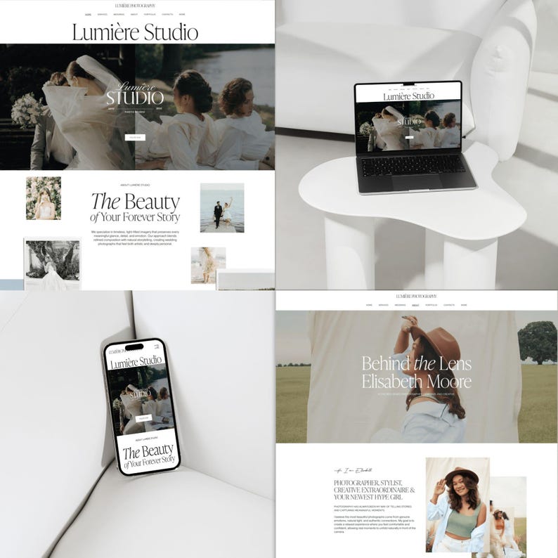 May include: A website design showcasing a photography studio, "Lumi&egrave;re Studio." The design includes a laptop and smartphone displaying the website. The text "The Beauty of Your Forever Story" is visible. The website features wedding photography.