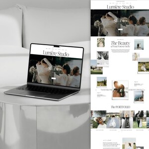 May include: A laptop displaying a website for Lumi&egrave;re Studio, a photography business. The website features images of weddings and the text "Lumi&egrave;re Studio" and "The Beauty of Your Forever Story". The laptop is on a white table.