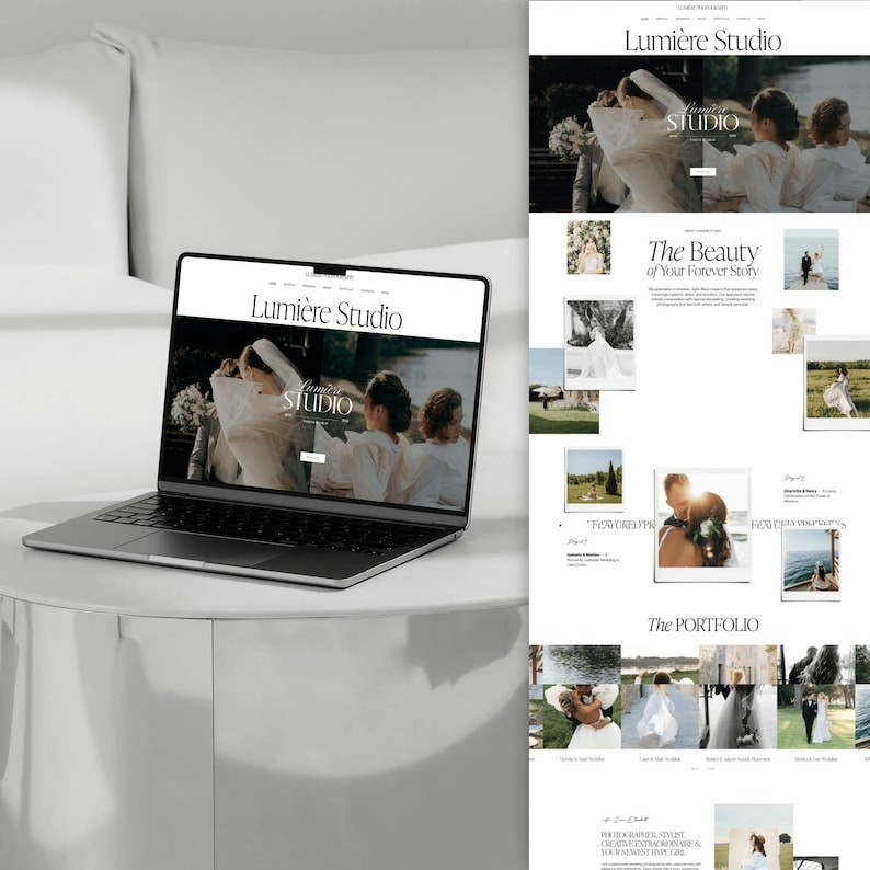 May include: A laptop displaying a website for Lumi&egrave;re Studio, a photography business. The website features images of weddings and the text "Lumi&egrave;re Studio" and "The Beauty of Your Forever Story". The laptop is on a white table.