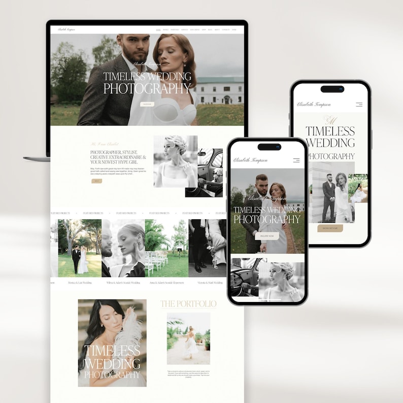 K&ouml;nnte beinhalten: Website-Startseite f&uuml;r einen Hochzeitsfotografen. Die Website zeigt ein Schwarzwei&szlig;foto eines Paares auf einem Feld, ein Foto einer Braut in einem Auto und ein Foto einer Braut und eines Br&auml;utigams am Strand. Die Website enth&auml;lt auch den Text "Timeless Wedding Photography".
