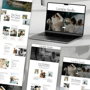 May include: A laptop displaying a website for Lumi&egrave;re Studio, a wedding photography service. The website features images of couples and text such as "The Story We Capture" and "Engagement & Wedding Packages."