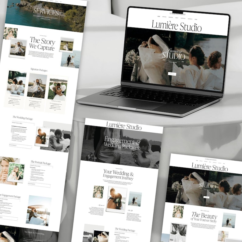 May include: A laptop displaying a website for Lumi&egrave;re Studio, a wedding photography service. The website features images of couples and text such as "The Story We Capture" and "Engagement & Wedding Packages."