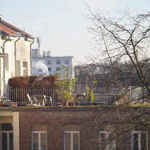 Puede incluir: Un edificio de ladrillo con una terraza en la azotea. La terraza tiene una barandilla de metal y dos sillas. Hay plantas creciendo en el techo y un &aacute;rbol en el fondo.