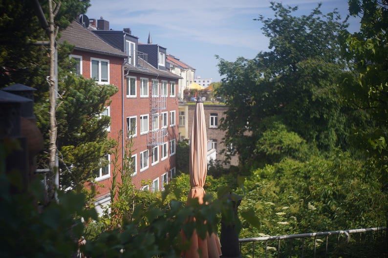 Puede incluir: Escena al aire libre con un edificio de ladrillo rojo con ventanas de marco blanco y un tejado oscuro. Una gran sombrilla beige cerrada se encuentra en primer plano, rodeada de exuberante follaje verde. El cielo es azul claro.