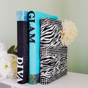 Glam Bookstack, Teal Home Decor, Diva Den Decor, Bling Decor For Home, Glam Books, Teal and Black Decor, Teal Books, Desk Decor For Women