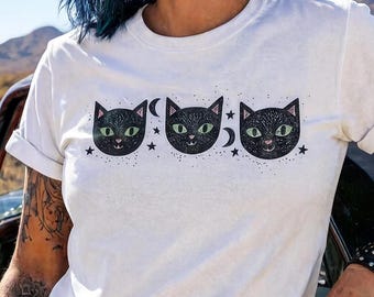 Halloween Black Cats Linocut Shirt Tres Gatos Spooky Retro Halloween Shirt Vintage Halloween Mid Century Cat Atomic Cat Halloween