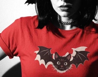Black Cat Cryptid Shirt Risograph Graphic Halloween Creature Shirt Mythical Creature Spooky Cat Bat Halloween Pajamas Shirt