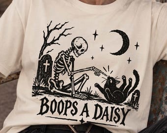 BOOPS A DAISY Cute Nose Boop Shirt Halloween Skeleton Animal Lover Shirt Cemetery Shirt Black Cat Retro Halloween Linocut Shirt