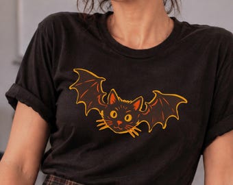 Halloween Cryptid Cat Bat Shirt Black Cat Cryptid Shirt Risograph Graphic Halloween Creature Shirt Mythical Creature