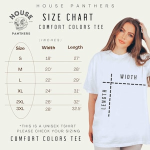 以下が含まれることがあります： サイズチャート付きの白いコンフォートカラーズTシャツ。サイズSから3XLまでのインチ単位の測定値を表示。Tシャツのテキストは「THIS IS A UNISEX TSHIRT PLEASE CHECK YOUR SIZING COMFORT COLORS TEE」と書かれています。
