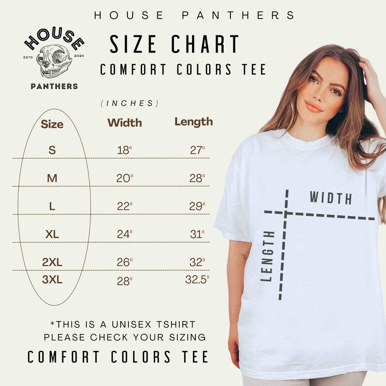 以下が含まれることがあります： サイズチャート付きの白いコンフォートカラーズTシャツ。サイズSから3XLまでのインチ単位の測定値を表示。Tシャツのテキストは「THIS IS A UNISEX TSHIRT PLEASE CHECK YOUR SIZING COMFORT COLORS TEE」と書かれています。