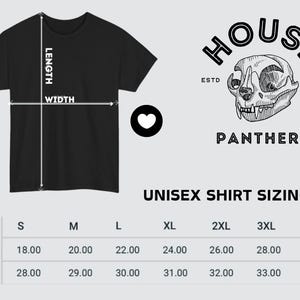 May include: Black t-shirt with sizing chart and a logo featuring a skull. The shirt's width ranges from 18.00 to 30.00 inches, and the length from 28.00 to 34.00 inches. The logo includes the text "HOUSE PANTHERS ESTD 2024".